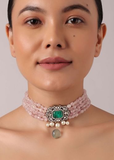 Pink Polki Kundan Choker Set With Stone Drops