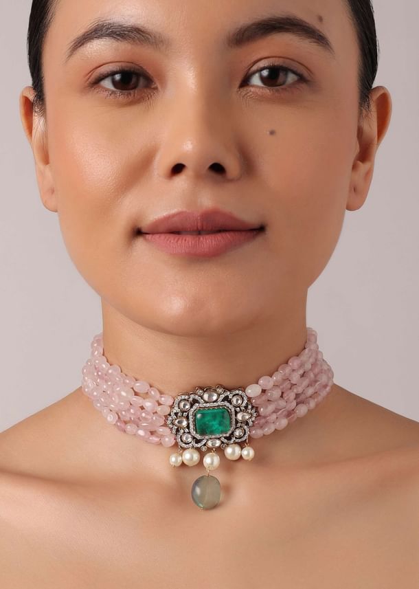 Pink Polki Kundan Choker Set With Stone Drops Pink Polki Kundan Choker Set With Stone Drops