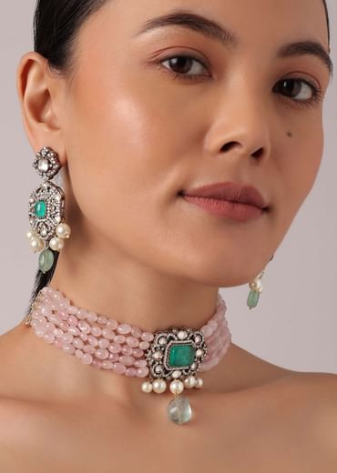 Pink Polki Kundan Choker Set With Stone Drops