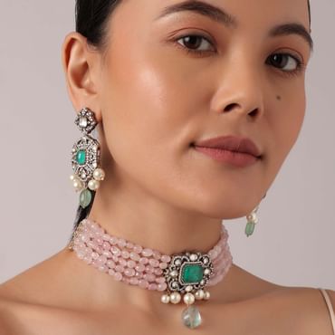 Pink Polki Kundan Choker Set With Stone Drops