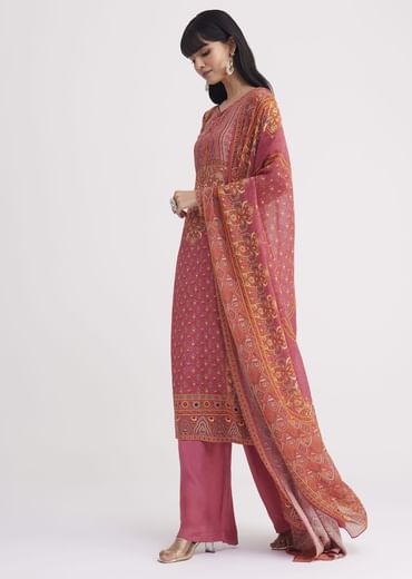 Pink Printed Crepe Palazzo Suit With Georgette Dupatta