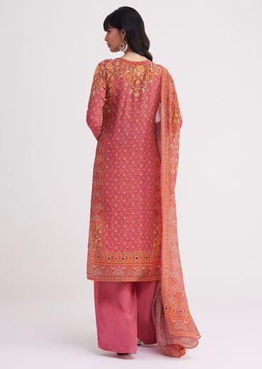 Pink Printed Crepe Palazzo Suit With Georgette Dupatta