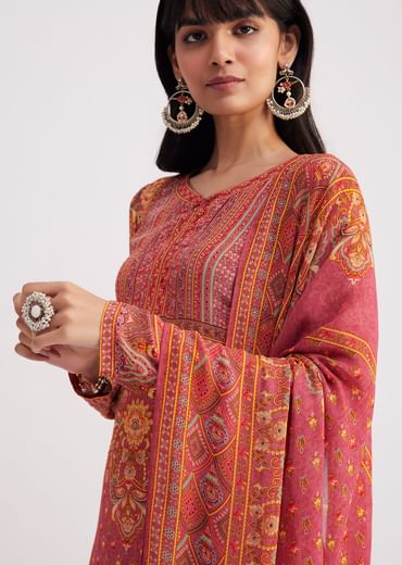 Pink Printed Crepe Palazzo Suit With Georgette Dupatta