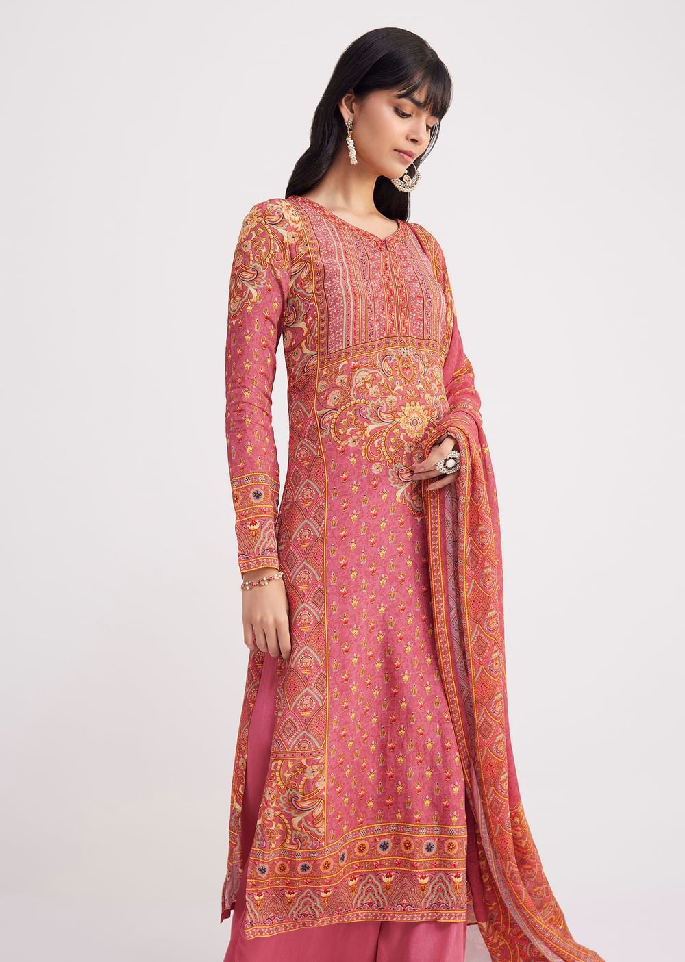Pink Printed Crepe Palazzo Suit With Georgette Dupatta