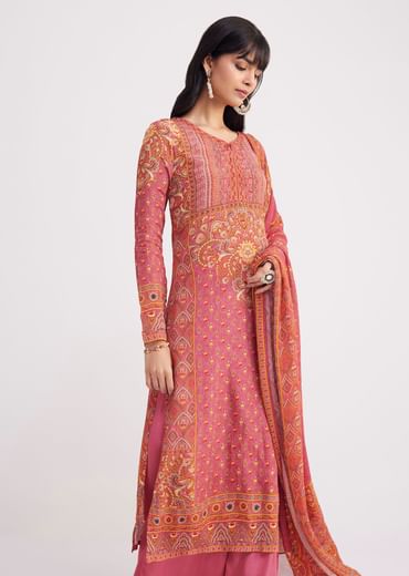 Pink Printed Crepe Palazzo Suit With Georgette Dupatta
