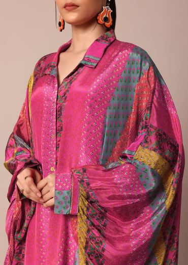 Pink Printed Kaftaan Set With Metal Coins Detailing