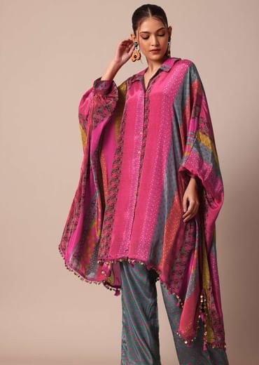 Pink Printed Kaftaan Set With Metal Coins Detailing