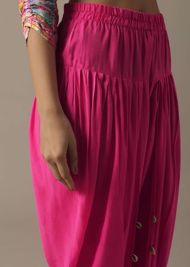 Pink Printed Kurta Set In Tussar Silk