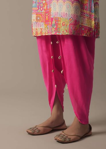 Pink Printed Kurta Set In Tussar Silk