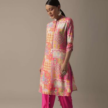 Pink Printed Kurta Set In Tussar Silk