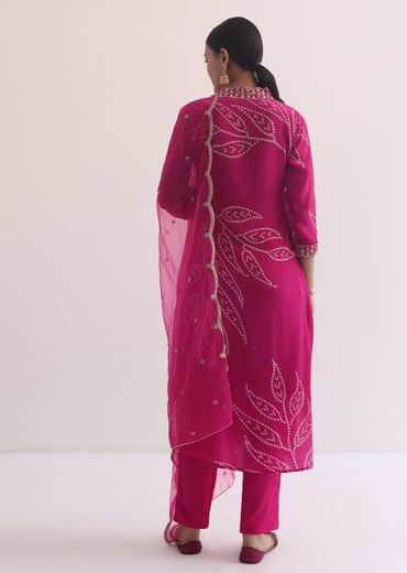 Pink Printed Kurti Pant Set With Zari Work