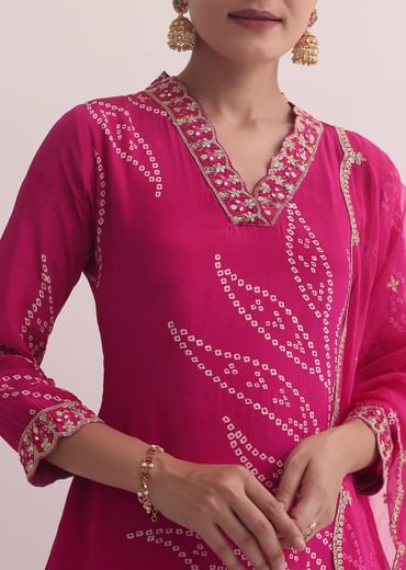 Pink Printed Kurti Pant Set With Zari Work