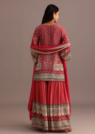 Pink Printed Kurti Sharara Suit With Chiffon Dupatta