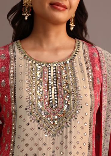 Pink Printed Kurti Sharara Suit With Chiffon Dupatta