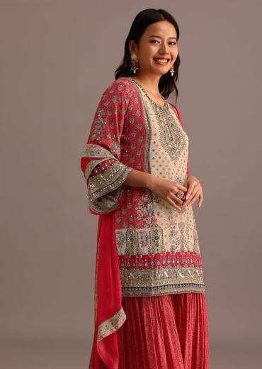 Pink Printed Kurti Sharara Suit With Chiffon Dupatta