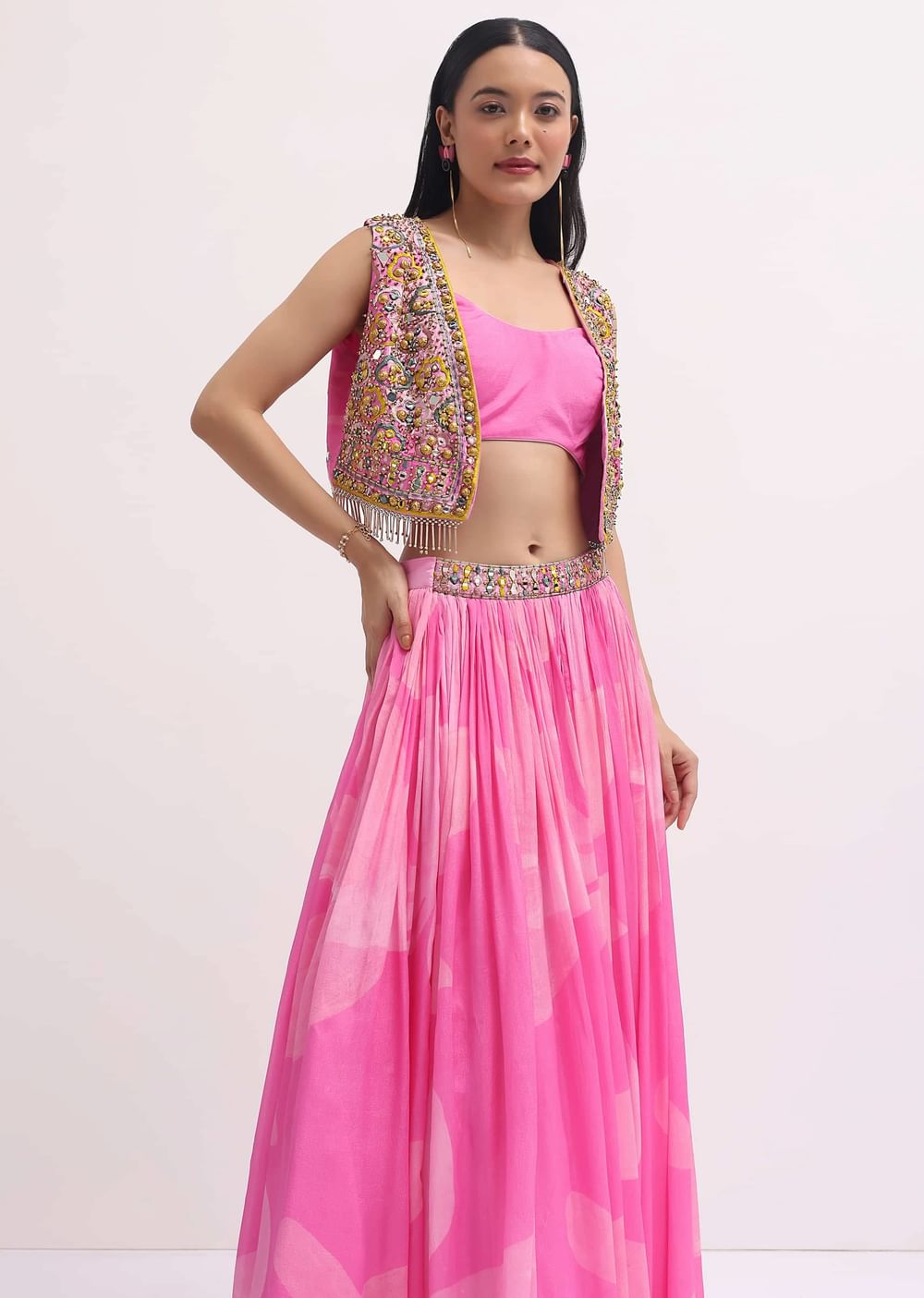 Pink Printed Lehenga Choli With Embroidered Jacket