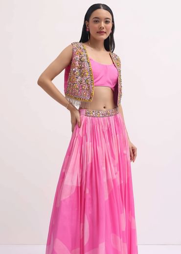 Pink Printed Lehenga Choli With Embroidered Jacket