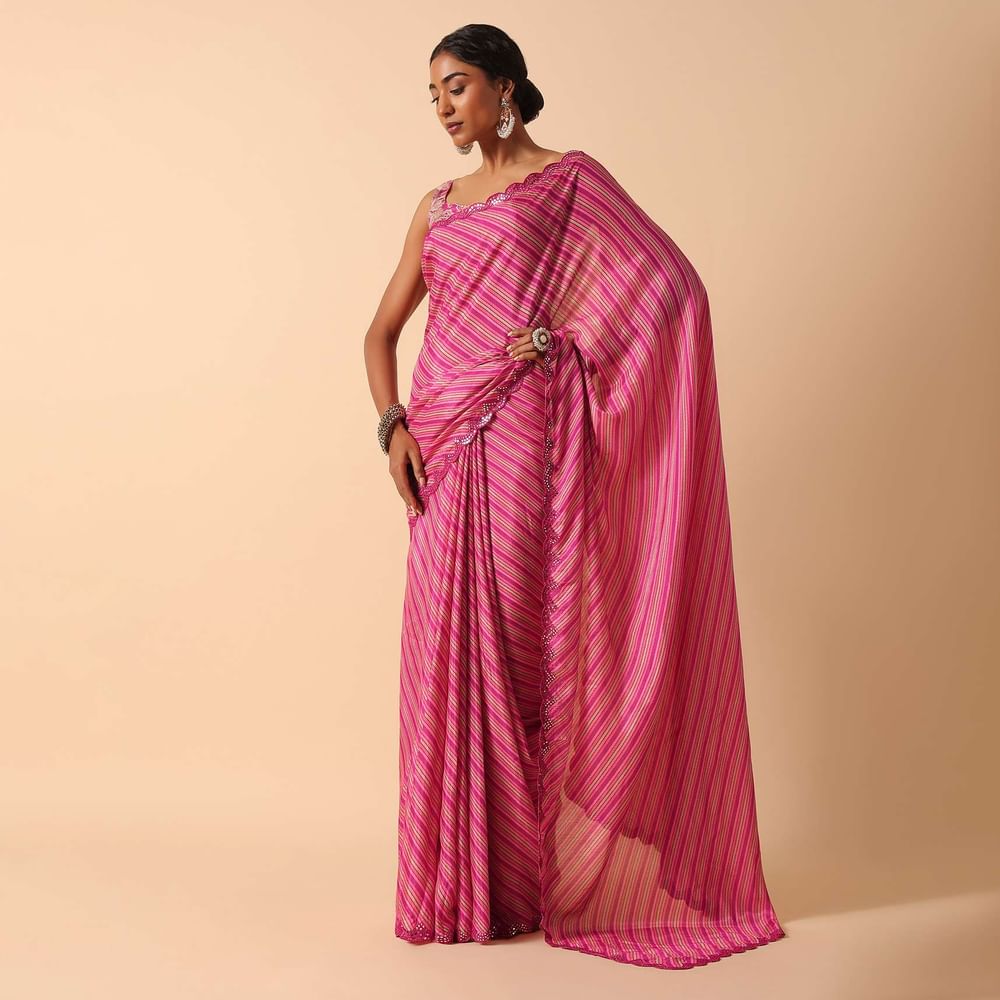 Pink Printed Saree With Mirror Work Border And Unstitched Blouse Fabric
