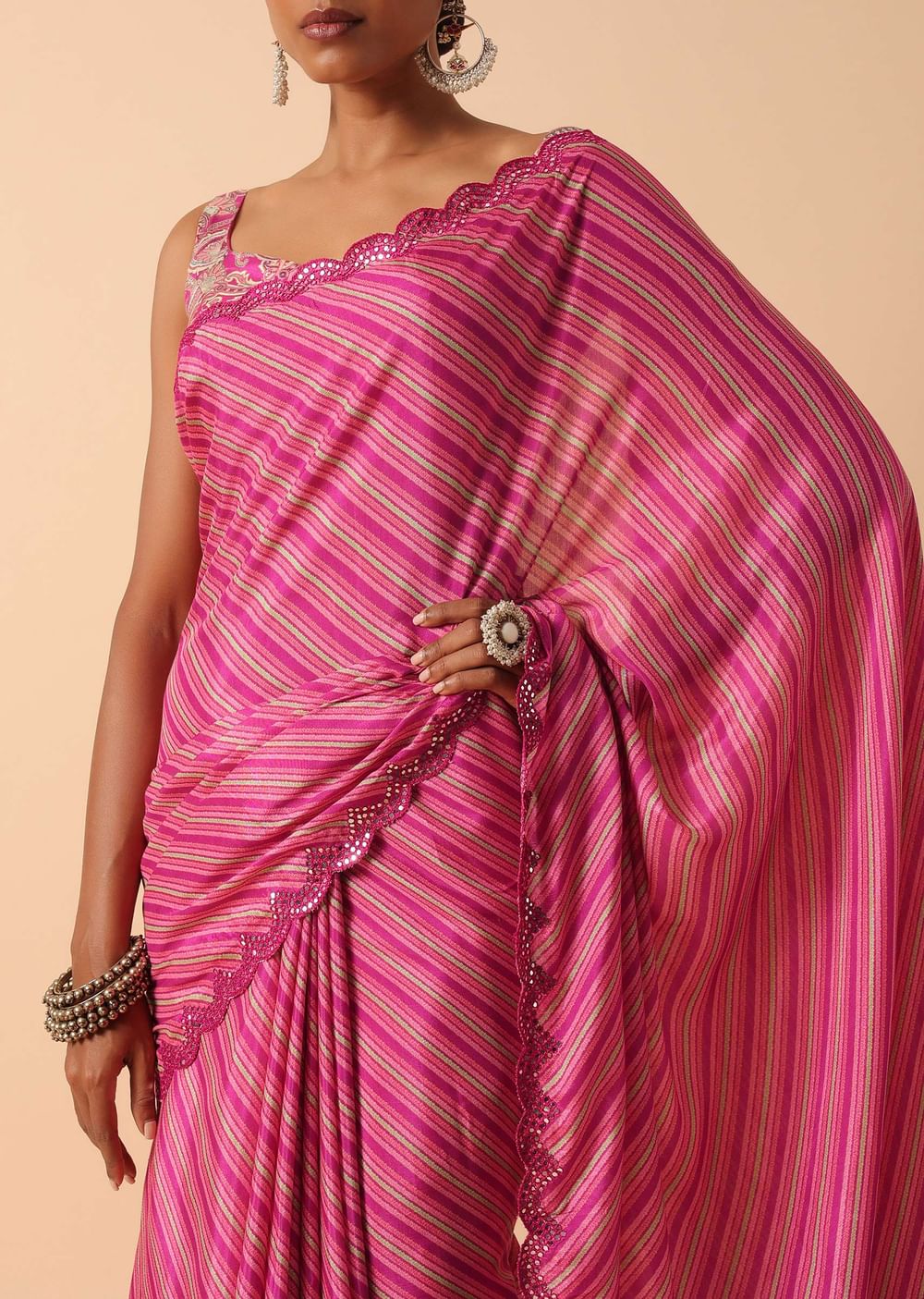 Pink Printed Saree With Mirror Work Border And Unstitched Blouse Fabric