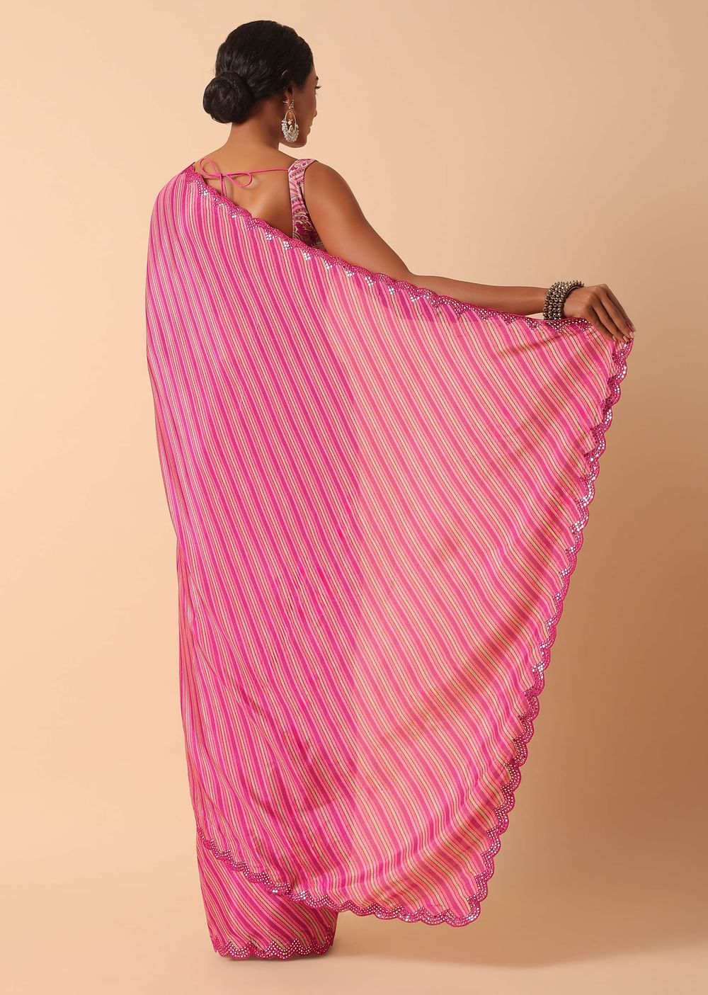 Pink Printed Saree With Mirror Work Border And Unstitched Blouse Fabric