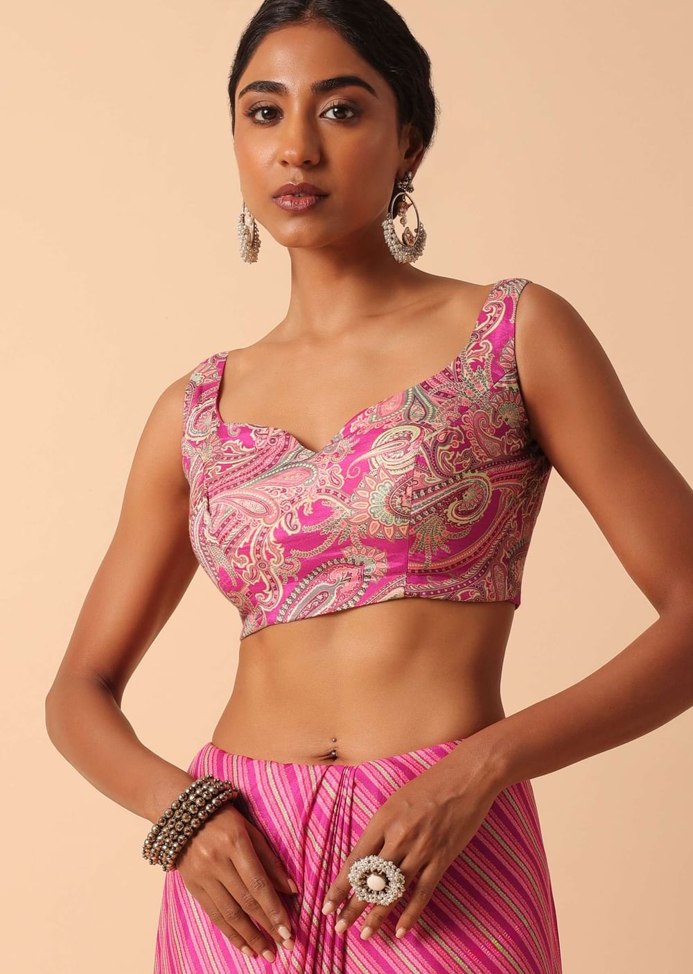 Pink Printed Saree With Mirror Work Border And Unstitched Blouse Fabric