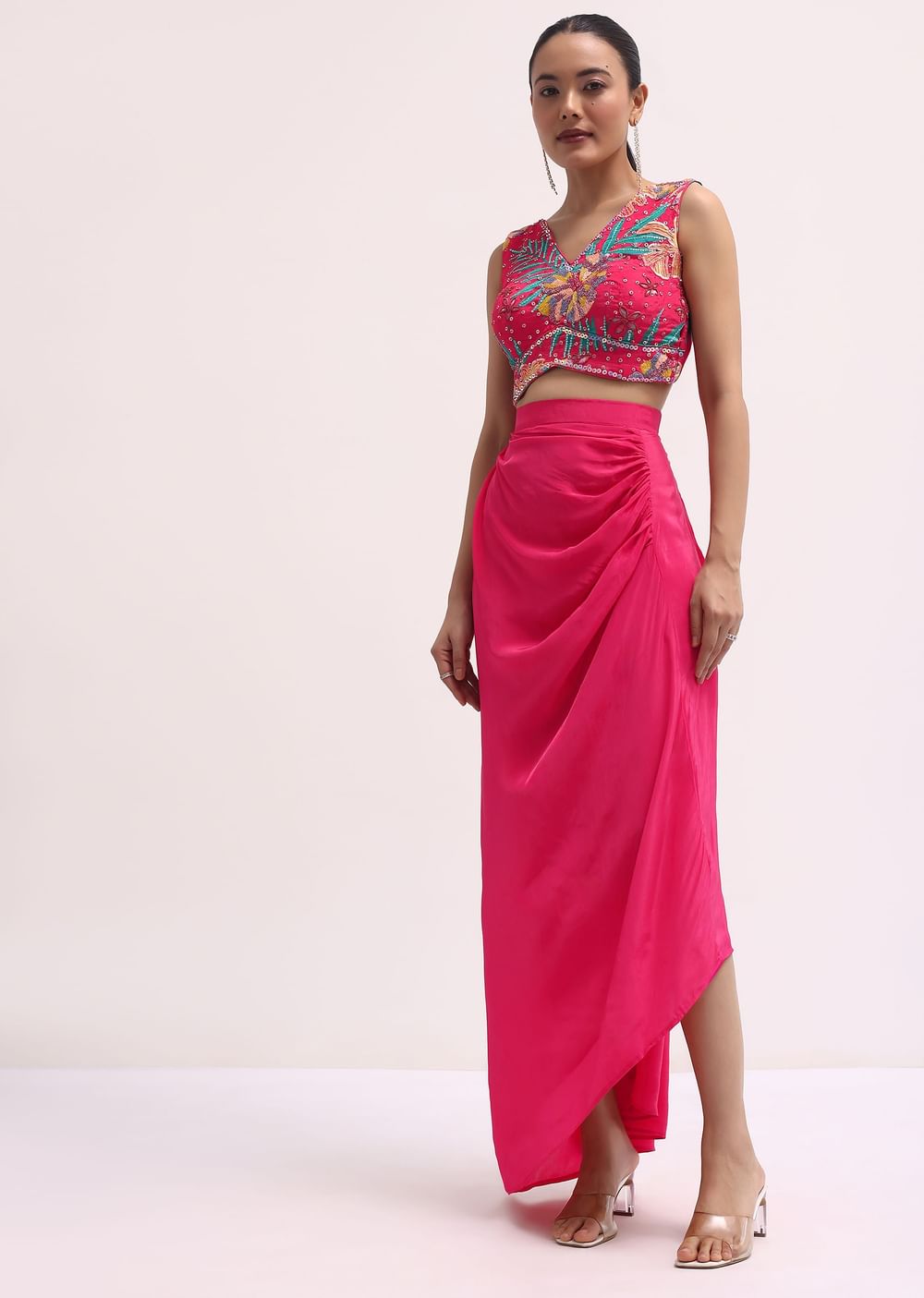 Pink Printed Satin Crop Top And Skirt Set
