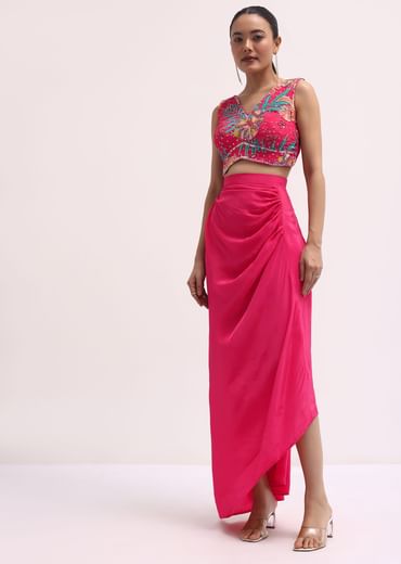 Pink Printed Satin Crop Top And Skirt Set