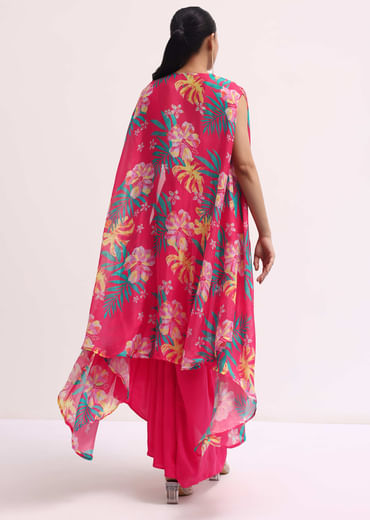 Pink Printed Satin Crop Top And Skirt Set