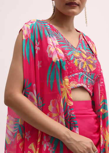 Pink Printed Satin Crop Top And Skirt Set
