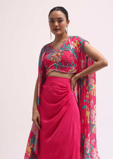 Pink Printed Satin Crop Top And Skirt Set
