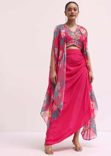 Pink Printed Satin Crop Top And Skirt Set