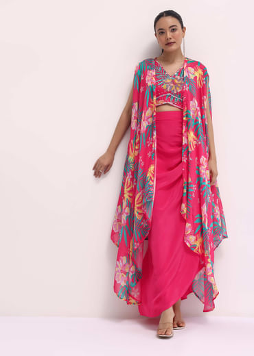 Pink Printed Satin Crop Top And Skirt Set