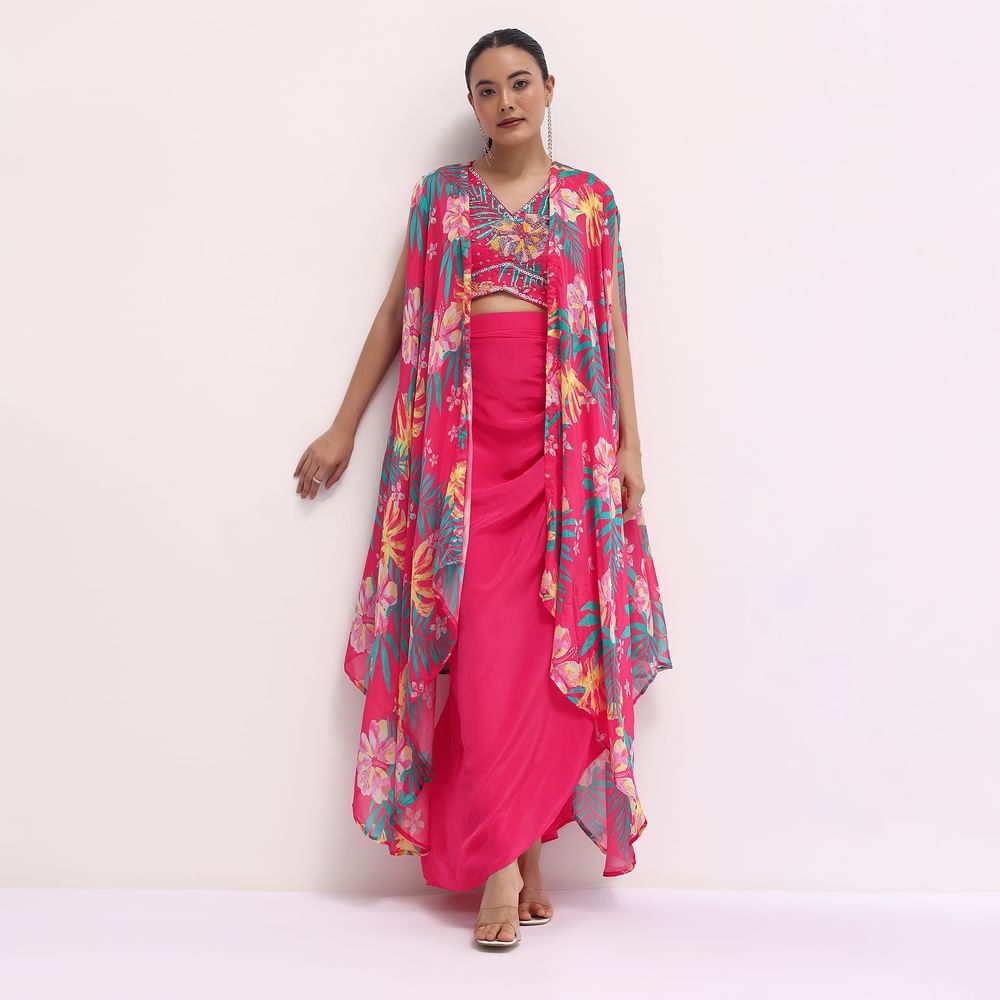 Pink Printed Satin Crop Top And Skirt Set
