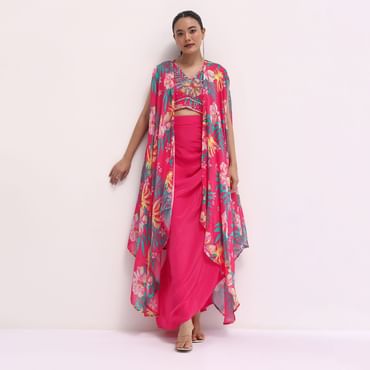 Pink Printed Satin Crop Top And Skirt Set