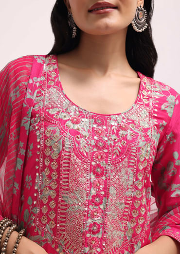 Pink Printed Tussar Kurta Sharara Set With Gotta Pati