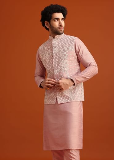 Pink Raw Silk Jacket Kurta Set With Mirror Embellishments