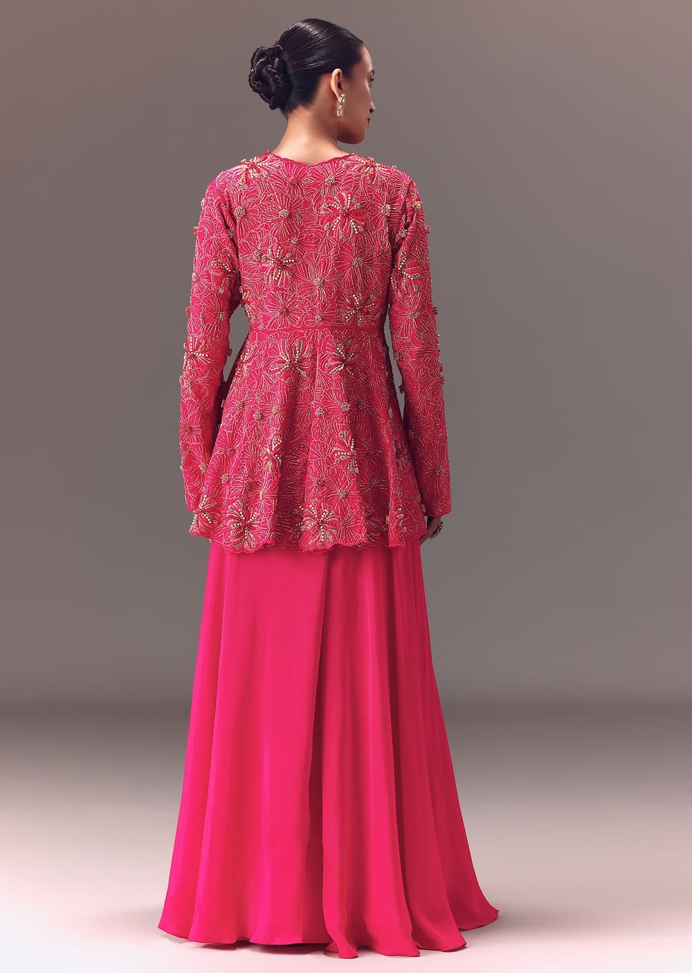 Pink Raw Silk Peplum With Double Circular Palazzo Pants