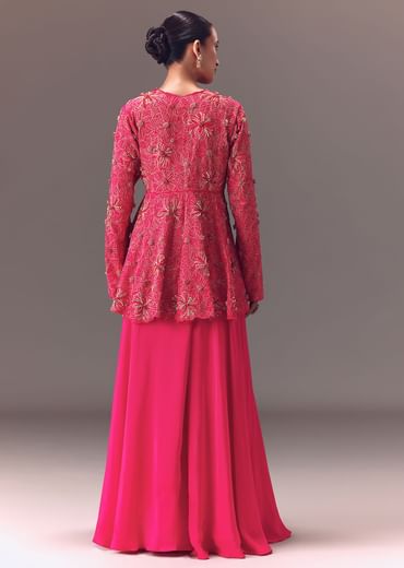 Pink Raw Silk Peplum With Double Circular Palazzo Pants