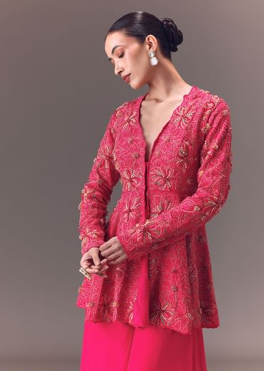 Pink Raw Silk Peplum With Double Circular Palazzo Pants