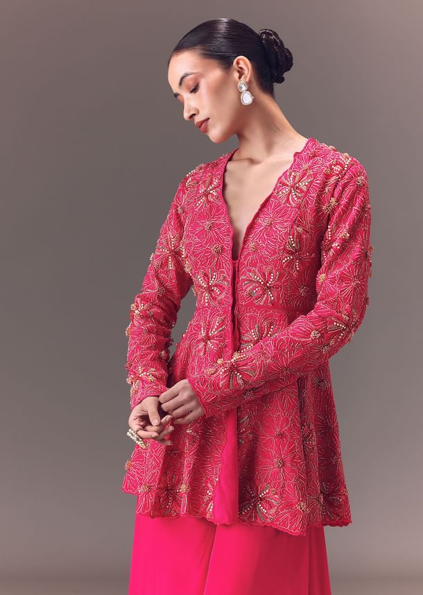 Pink Raw Silk Peplum With Double Circular Palazzo Pants