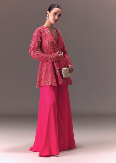 Pink Raw Silk Peplum With Double Circular Palazzo Pants