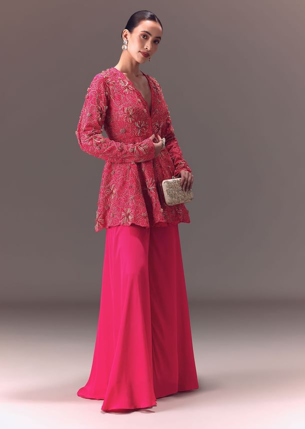 Pink Raw Silk Peplum With Double Circular Palazzo Pants