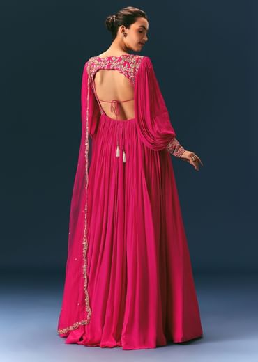 Pink Raw Silk Thread Embroidered Anarkali With Balloon Sleeves And Embroidered Dupatta