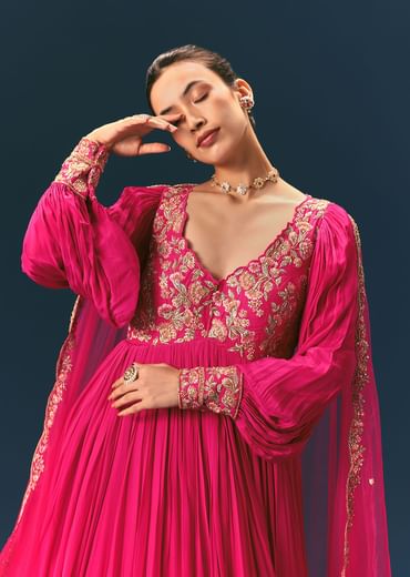 Pink Raw Silk Thread Embroidered Anarkali With Balloon Sleeves And Embroidered Dupatta