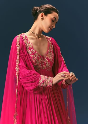 Pink Raw Silk Thread Embroidered Anarkali With Balloon Sleeves And Embroidered Dupatta