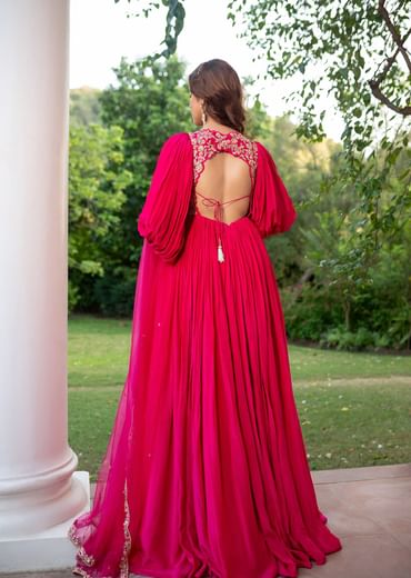 Pink Raw Silk Thread Embroidered Anarkali With Balloon Sleeves And Embroidered Dupatta