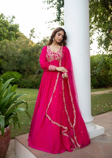 Pink Raw Silk Thread Embroidered Anarkali With Balloon Sleeves And Embroidered Dupatta