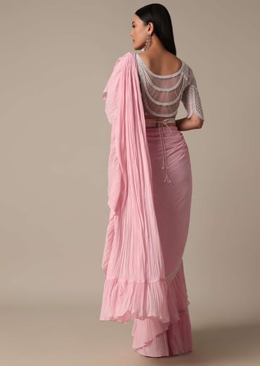 Pink Ready Pleated Frill Saree With Heavy Bead Work Blouse