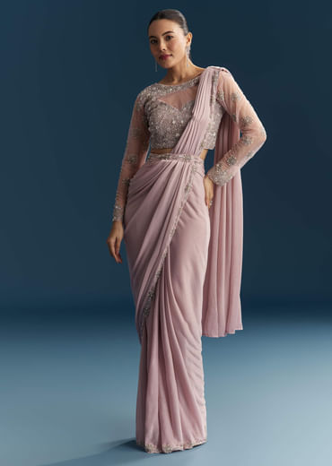 Pink Ready Pleated Saree With Beads And Moti Work