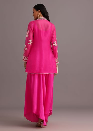 Pink Resham Work Kurti Palazzo Suit